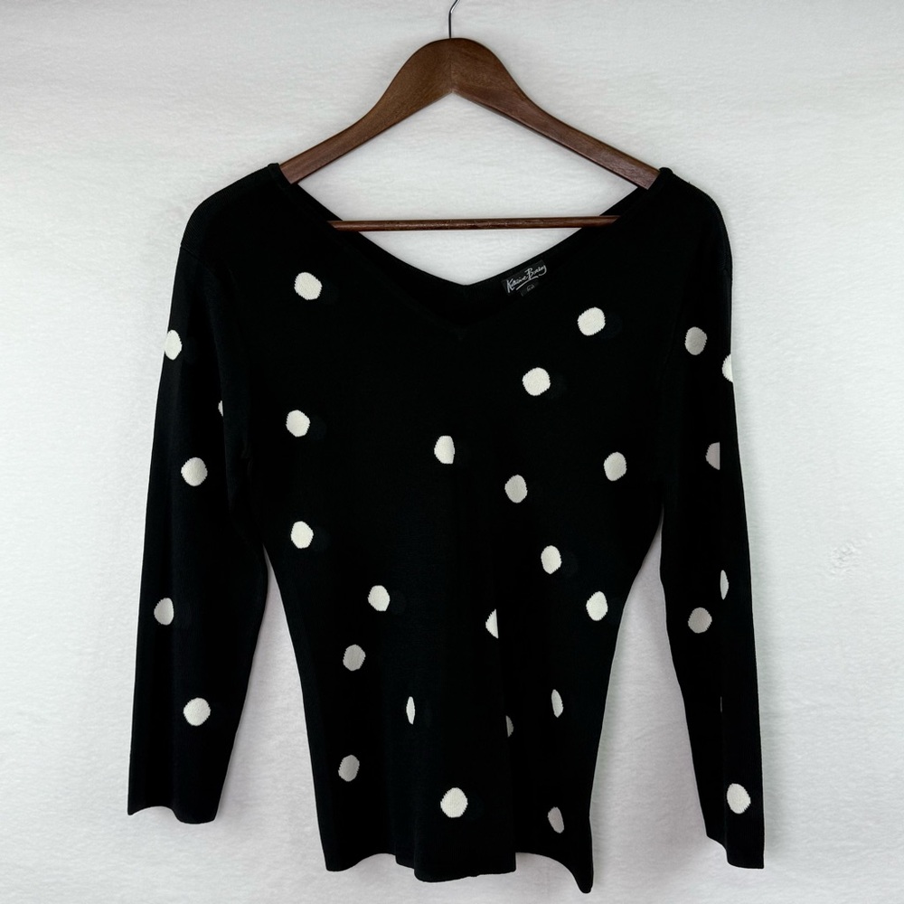 Katherine Barclay Black with white polka dots Knit Top Size Medium EUC